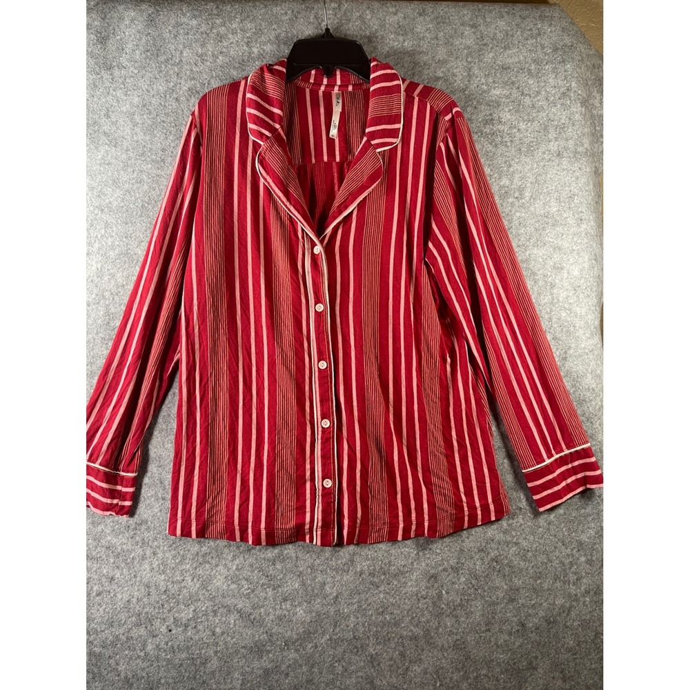 Soma Cool Nights Pajama Top Womens M Red Pink Striped Button Front Long Sleev